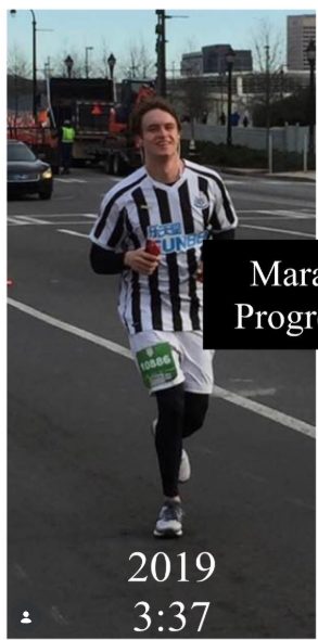 Parker's first marathon in 2019 — 3:37, in a soccer jersey